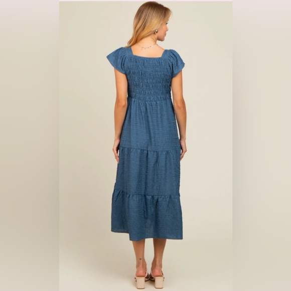 Baltic Born Blue Textured Sweetheart Puff Sleeve Tiered Midi Dress — Large NWT 💙 - Picture 4 of 7